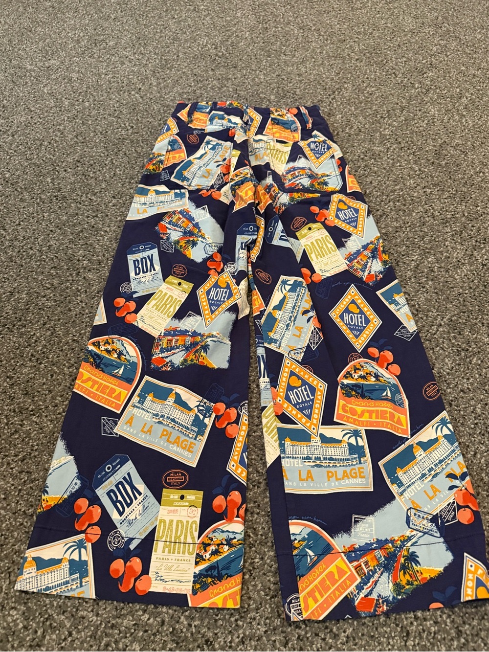 Maeve Navy Travel-Print Wide Leg Pants with Orange Accents - Picture 2 of 3
